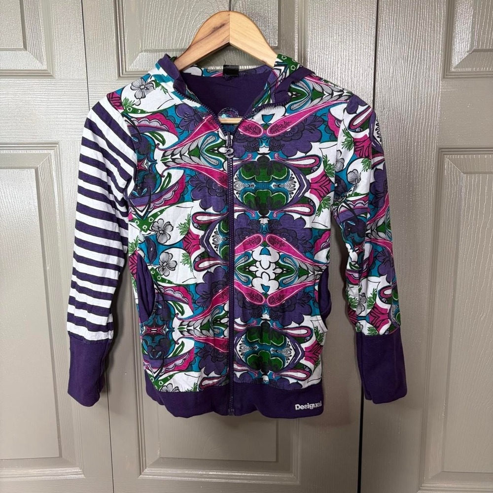 Desigual Reversible Zip Up Hoodie Youth L Fits Womens XS S Striped Abstract Rare